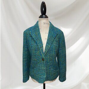 Coldwater Creek Sz 12P Blue & Green Boucle Tweed 2-Pocket Lined Blazer Jacket